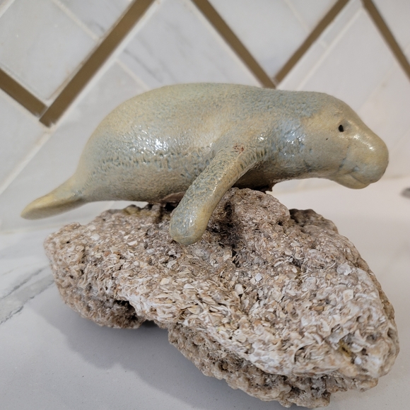 Ceramic manatee on a shell rock. This plus size mermaid is cute beach decor! - Picture 1 of 12